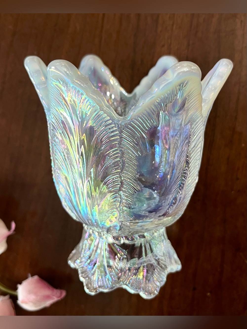 Fenton Opal Mist 2-Way Tulip Votive Taper CandleHolder Iridescent Carnival Glass